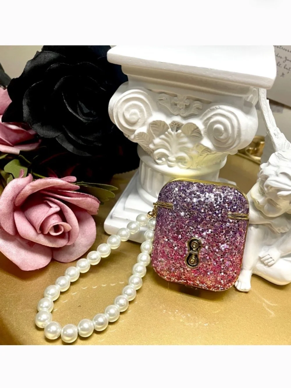 2 items.AirPods 1/2 luxury glitter gradient dazzled case with pearl chain